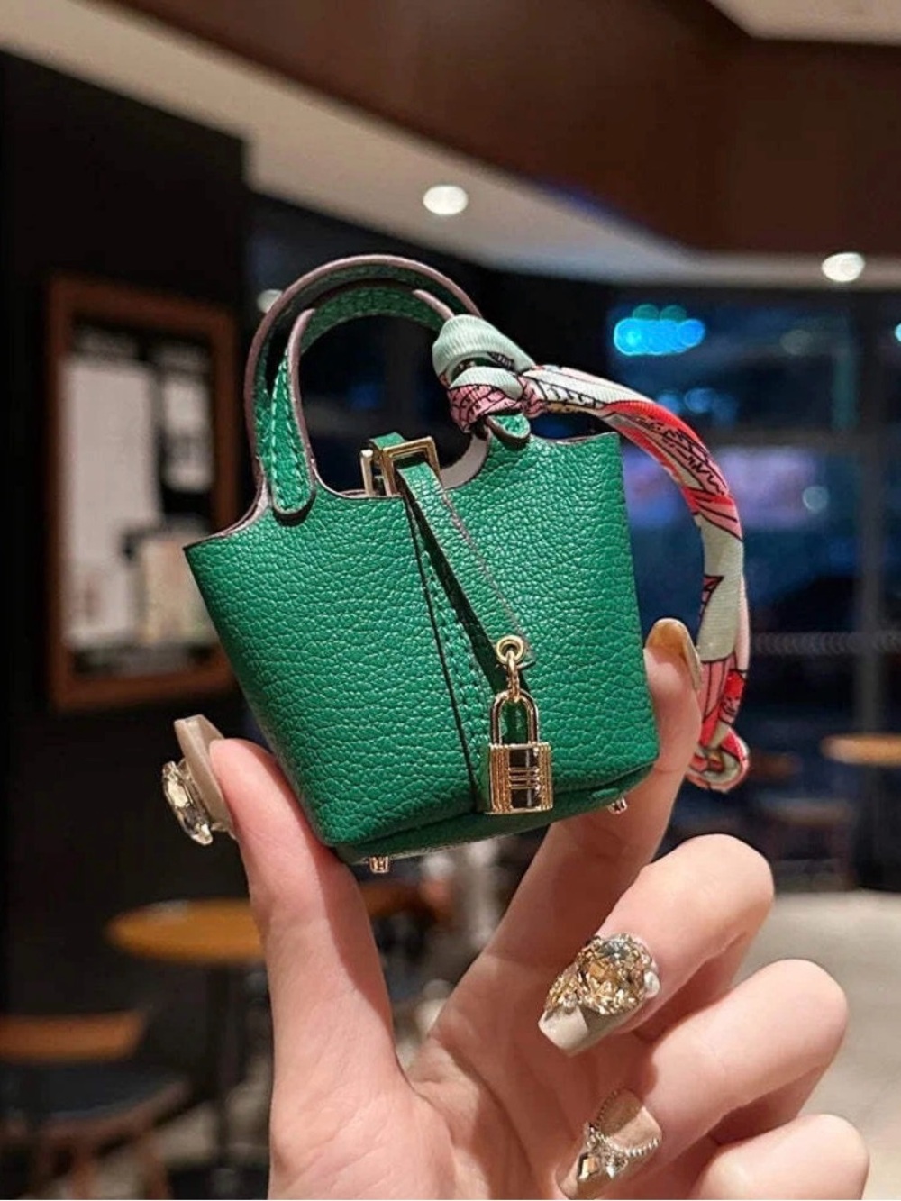 Mini Green Leather Tote Handbag with Scarf Accent